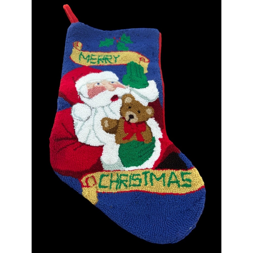 VTG Latch Hook Rug Merry Christmas Stocking Santa & Teddy Bear approx 19" X 8"